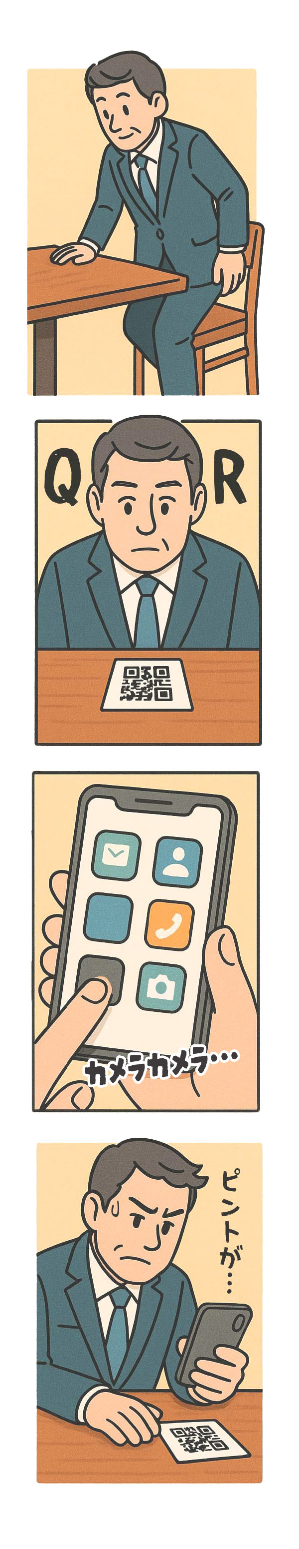 従来のQR注文の流れを表した縦長4コマ漫画