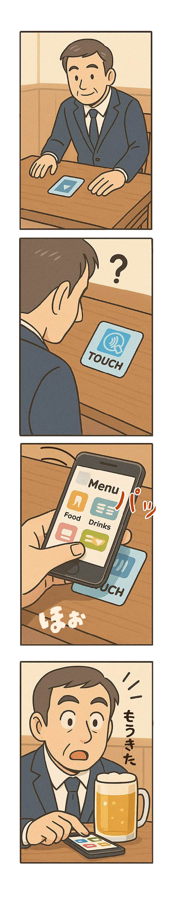タッチ DE オーダーの流れを表した縦長4コマ漫画